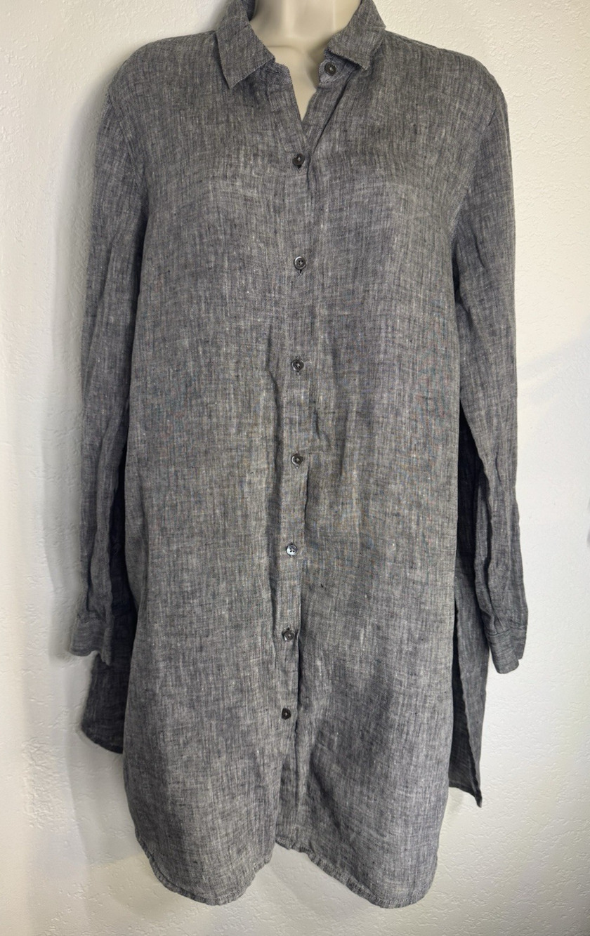 J.Jill Love Linen Shirt Dress Tunic Women L Gray Button Front Lagenlook